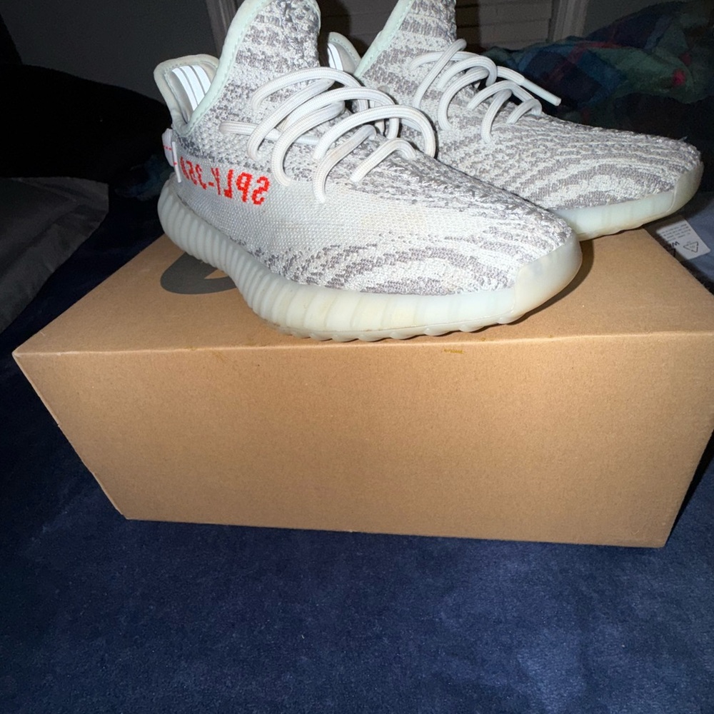 Yeezy Gray and Blue Sneakers with Knitted Texture